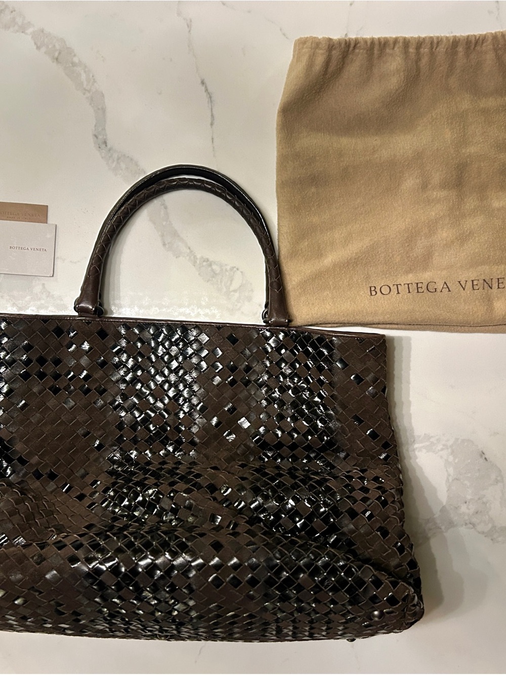 Bottega Veneta Dark Brown Intrecciato Shiny Leather Tote